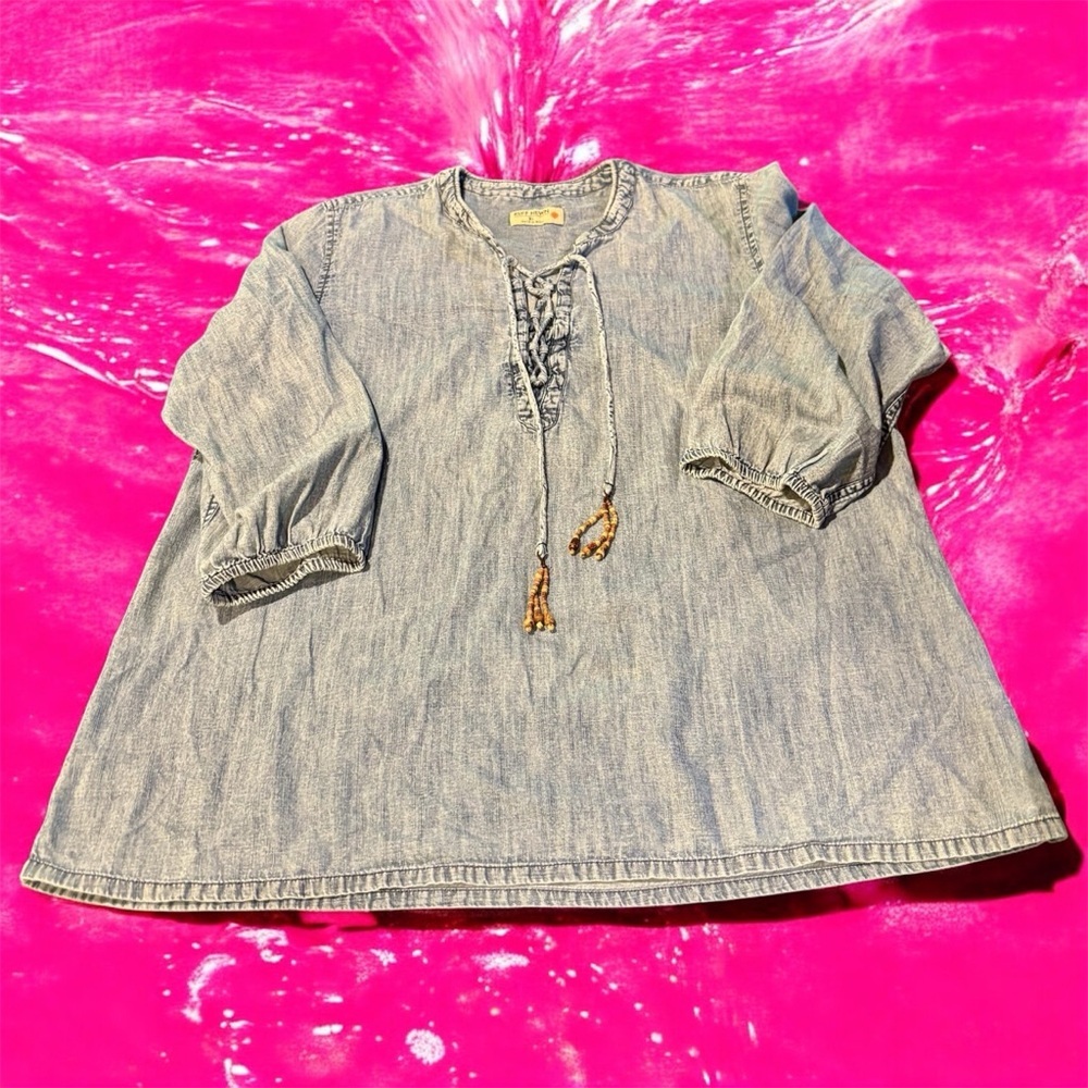 ⚜️Ruff Hewn Peasant Chambray Tunic 3/4 Sleeve Wood Bead Tassels Lightweight XL⚜️